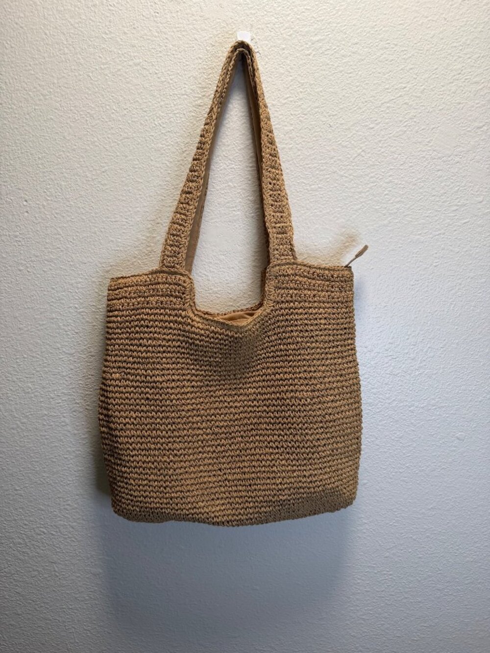Handwoven Beige Straw Shoulder Bag With Lined Interior & Zippered Pockets